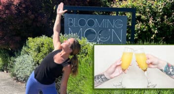 Jamie in triangle pose in front of the Blooming Moon sign + an inset photo of two Mimosa glasses clinking together in Cheers.