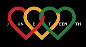 Red, gold and green hearts linked together with the word JUNETEENTH spread out inside.