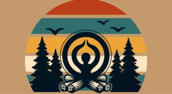 Firelight Yoga emblem as the fire, sitting above fire logs of a campfire with trees on each side, birds flying in the sky and retro stripes in the background.