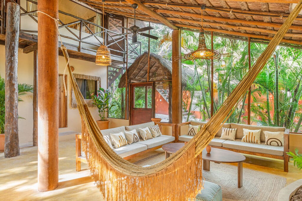Community space with couches and a hammock.